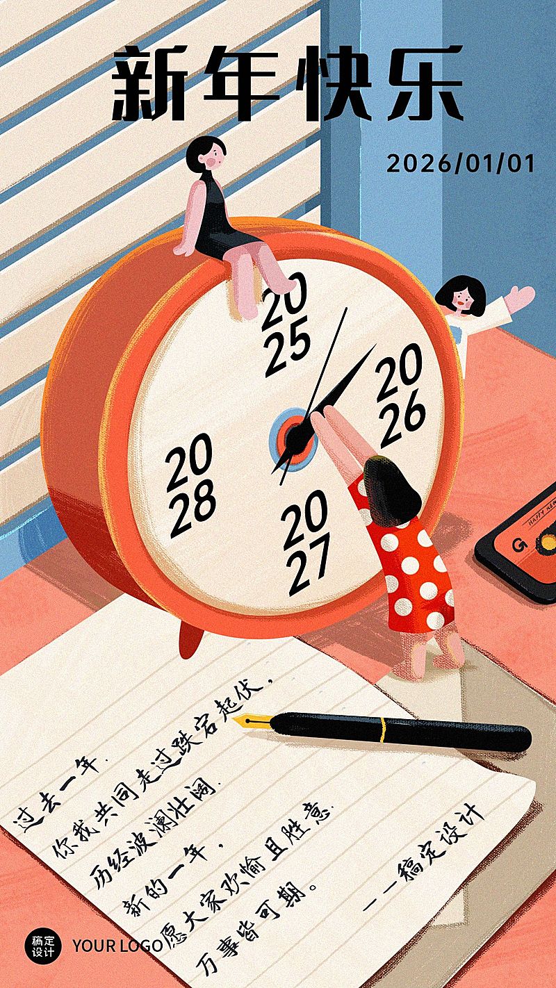 元旦新年微缩小人插画贺卡祝福海报