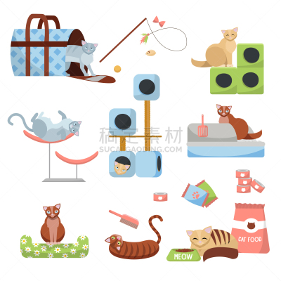 食品,玩具,卫生间,床,宠物商店,绘画插图,卡通,公寓,猫,组物体