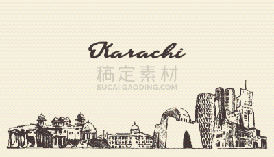 草图,城市天际线,巴基斯坦,卡拉奇,城市,商务,铅笔,艺术品,绘制,复古