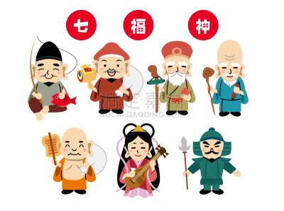 神,日本,数字7,可爱的,传统,人,图标集,图像,组物体,性格