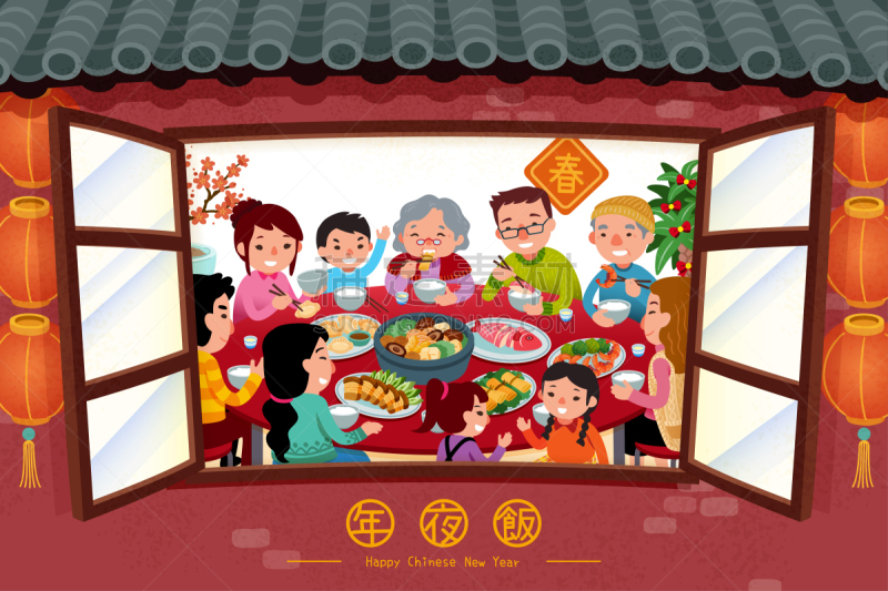 晚餐,家庭,全家福,传统,灯笼,春节,中国灯笼,房屋,膳食,图像