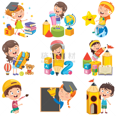 卡通,休闲活动,多样,积木,运动,铅笔,玩具,儿童,校服,绘画插图