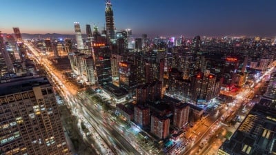 T/L WS HA ZO北京中央商务区黄昏到夜间过渡/中国北京