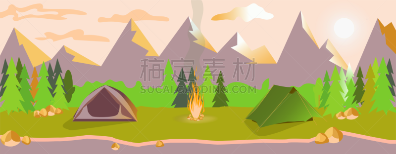 旅途,河流,户外,自然,旅游目的地,山,徒步旅行,大篝火,绘画插图