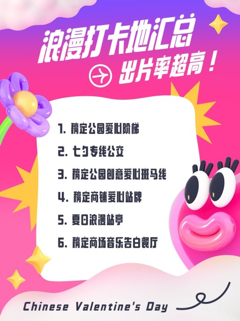 旅游出行3D怪诞风七夕情侣约会地打卡攻略小红书配图预览效果