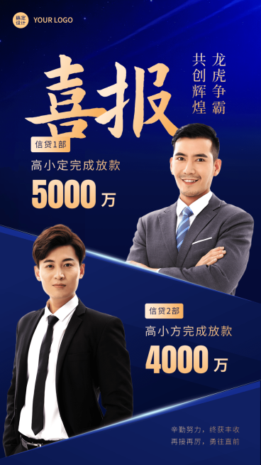 金融保险贷款业绩表彰喜报蓝金商务风人物手机海报预览效果