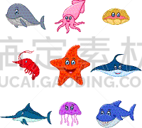 海洋生命,卡通,可爱的,鸡尾酒,野生动物,水母,海洋,飞鱼,海马,海星