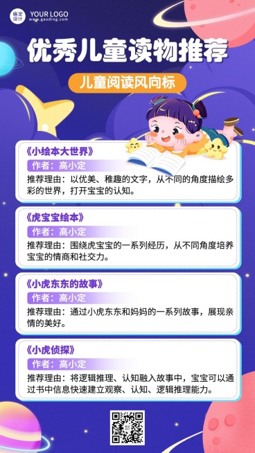 世界读书日营销儿童图书推荐书单分享插画手机海报预览效果