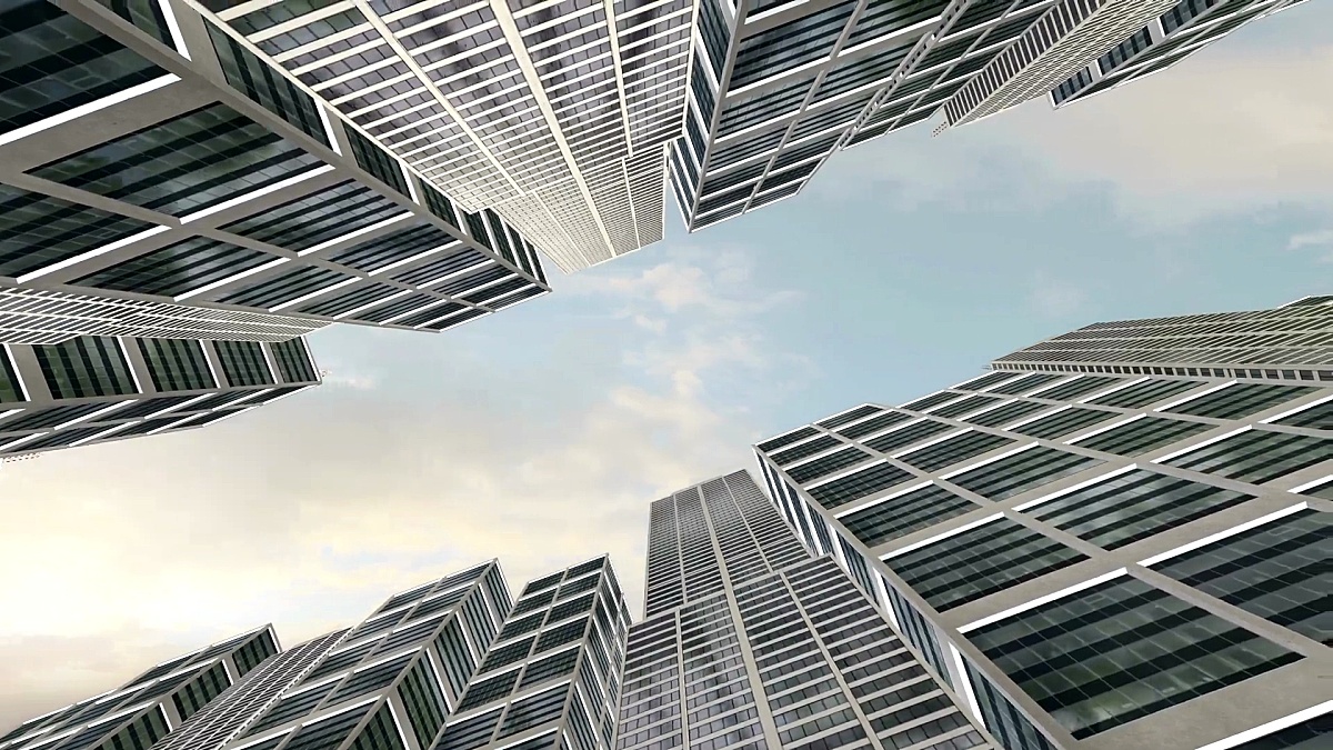 金融区摩天大楼的低角度透视