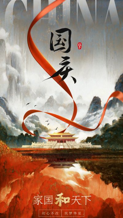 国庆节节日祝福毛笔大字全屏海报AIGC