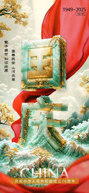 国庆节节日祝福3D玉石全屏海报AIGC预览效果