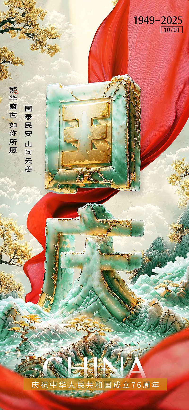 国庆节节日祝福3D玉石全屏海报AIGC