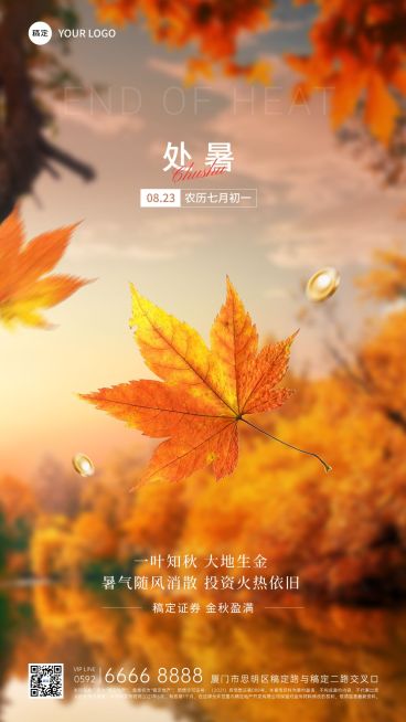 处暑金融保险节气祝福实景风手机海报预览效果