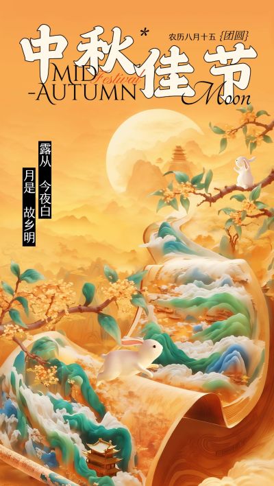 中秋节日祝福中式感卷轴全屏竖版海报AIGC