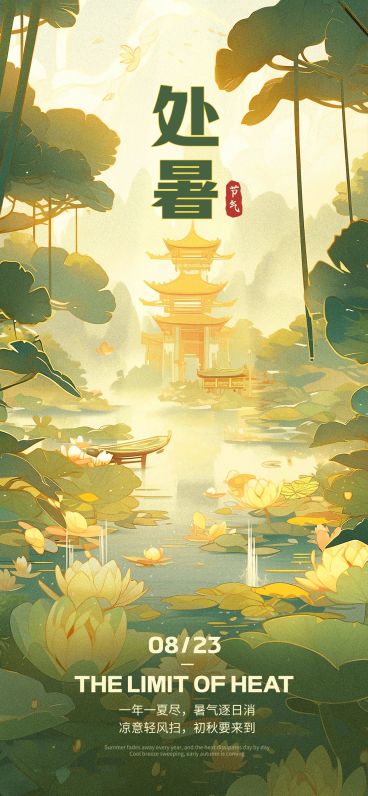企业处暑插画风节气祝福全屏竖版海报AIGC预览效果