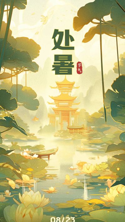 企业处暑插画风节气祝福全屏竖版海报AIGC