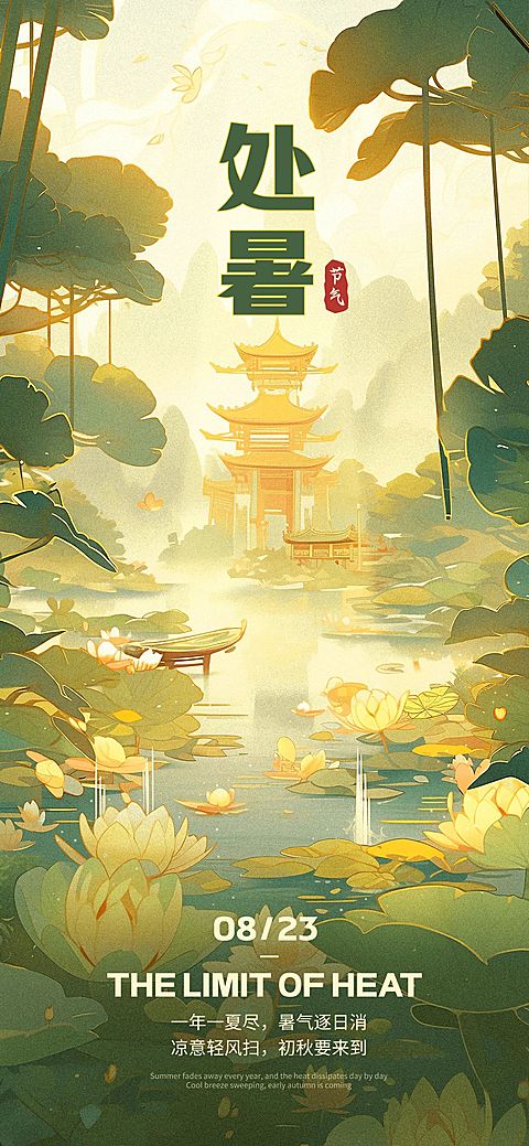 企业处暑插画风节气祝福全屏竖版海报AIGC