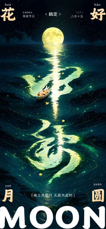 中秋节节日祝福创意大字全屏竖版海报AIGC预览效果