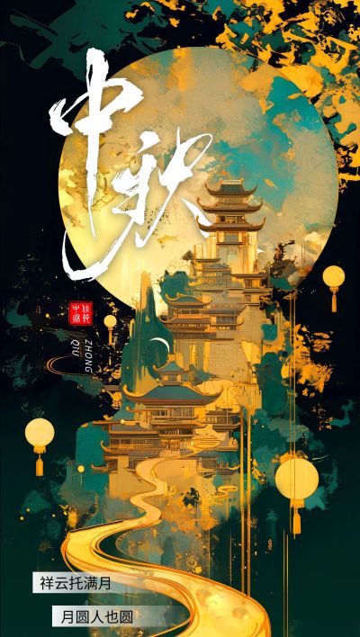 中秋节日祝福中式感卷轴全屏竖版海报AIGC