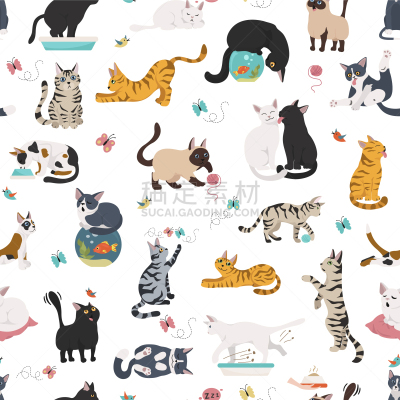 猫,性格,反差,四方连续纹样,卡通,可爱的,姿态,纺织品,食品,坐