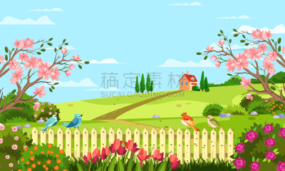 玫瑰,郁金香,鸟类,春天,夏天,绘画插图,卡通,房屋,灌木,山