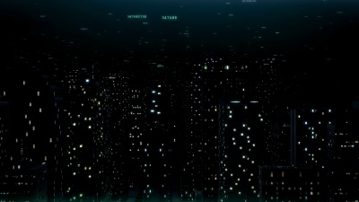 计算机生成的3D金融城市飞行动画。
