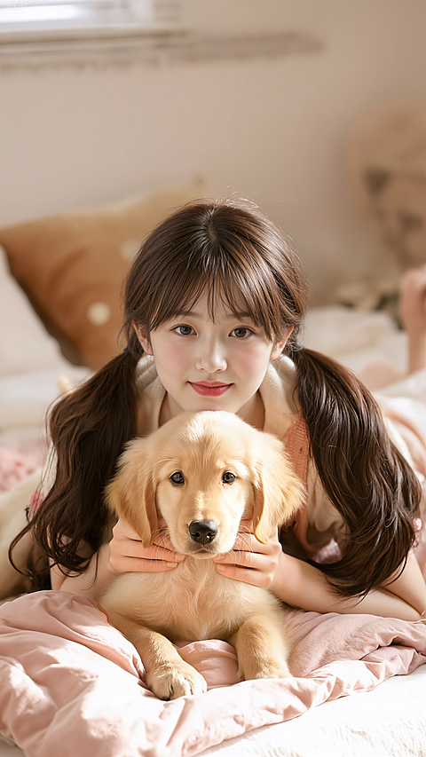 人物系列写实感可爱双马尾女生抱着小狗趴在床上图片