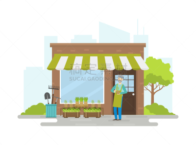 senior man gardener selling seedlings in shop man