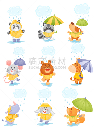 可爱的,动物,雨,卡通,外套,云,斗篷,天气,狗,哺乳纲