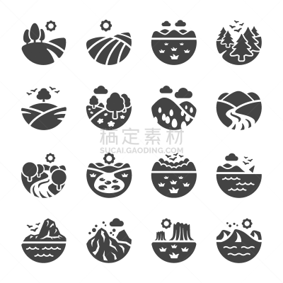 地形,图标集,湖,品牌名称,山,农业,环境,公园,池塘,剪影