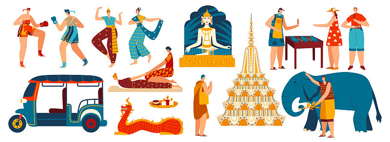 泰国主要标志，集孤立的旅游景点和人物，矢量插图