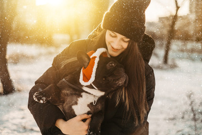 美丽的十几岁的女孩抱着一只法国斗牛犬在她的手臂在冬天。公园里遛狗的女孩