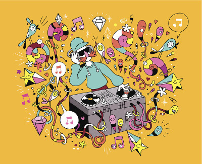 DJ在唱片转盘上播放混音音乐卡通插图