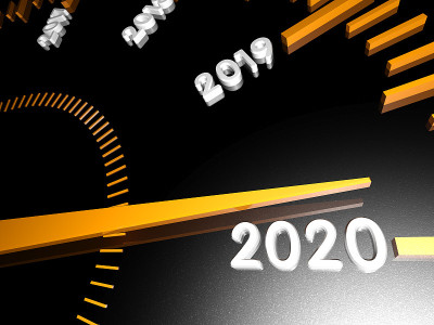 速度表上显示的是即将到来的2020年新年的数字，箭头指向他们。3 d渲染。