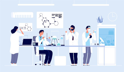 科学家们在实验室。穿着白大褂的人，拿着实验室设备的化学研究人员。药物开发卡通载体概念