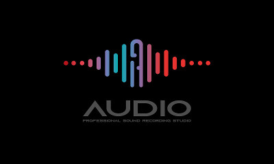 DJ舞会标志，录音室标志，音频波和灯光暗梯度背景