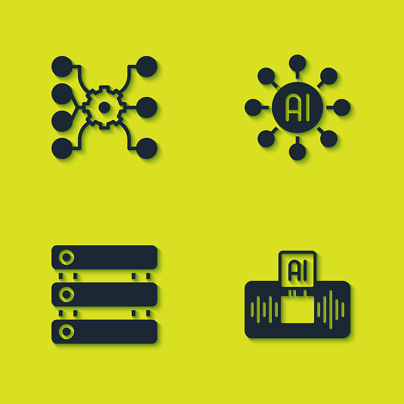 设置神经网络、人工智能AI、服务器、数据和图标。向量