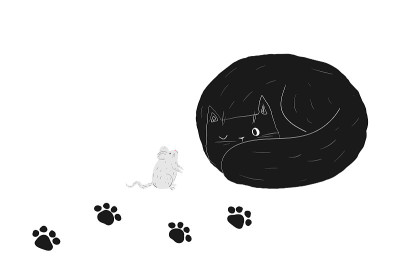 黑色可爱的涂鸦万圣节猫睡觉。卡哇伊肥猫和老鼠在手绘风格。股票矢量插图上的白色背景。
