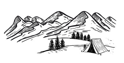素描露营在自然，山景观，矢量插图。