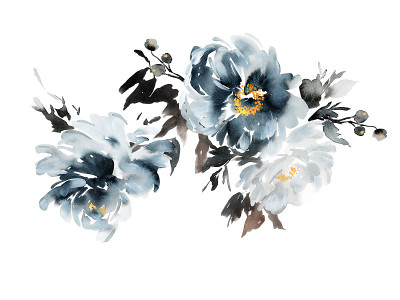水彩画卡与一束鲜花在靛蓝