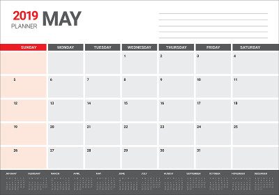 2019年5月台历矢量插图