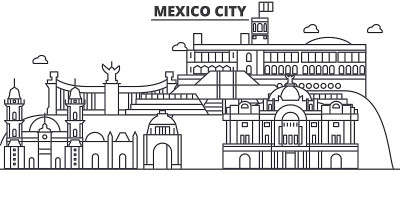 墨西哥城建筑线天际线插图。线性向量的城市景观与著名的地标，城市景观，设计图标。风景与可编辑的笔触