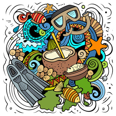 马尔代夫卡通矢量涂鸦插图