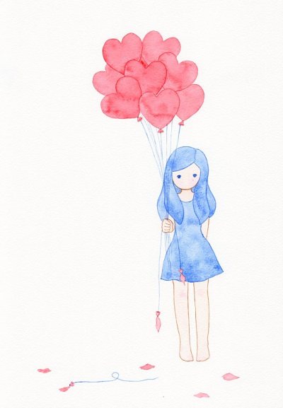 女孩拿着气球。水彩插图。实际尺寸约30x21厘米。(A4纸)
