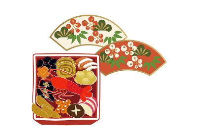 新年的材料。大锅菜插图。新年的菜肴。日本新年。