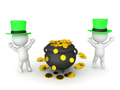 小矮妖围绕着一壶金子跳舞的3D渲染