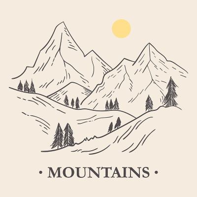 山景和松树手绘插图。复古风格的素描。