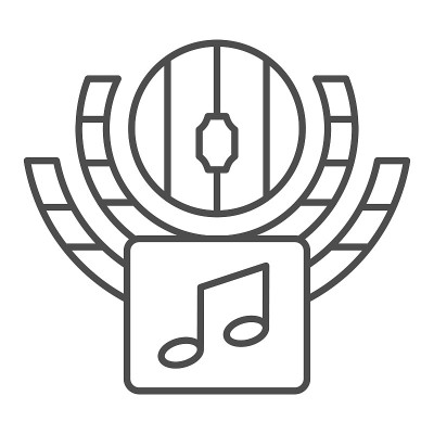 音乐音量水平和八分音符细线图标，声音设计概念，音量控制矢量标志在白色背景上，轮廓风格图标的移动概念和