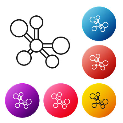 黑线分子图标孤立在白色背景上。化学分子结构，科学教师创新教育海报。设置彩色圆形按钮图标。向量