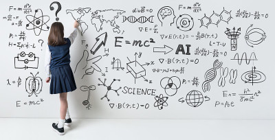 科学教育理念。学习的女孩。